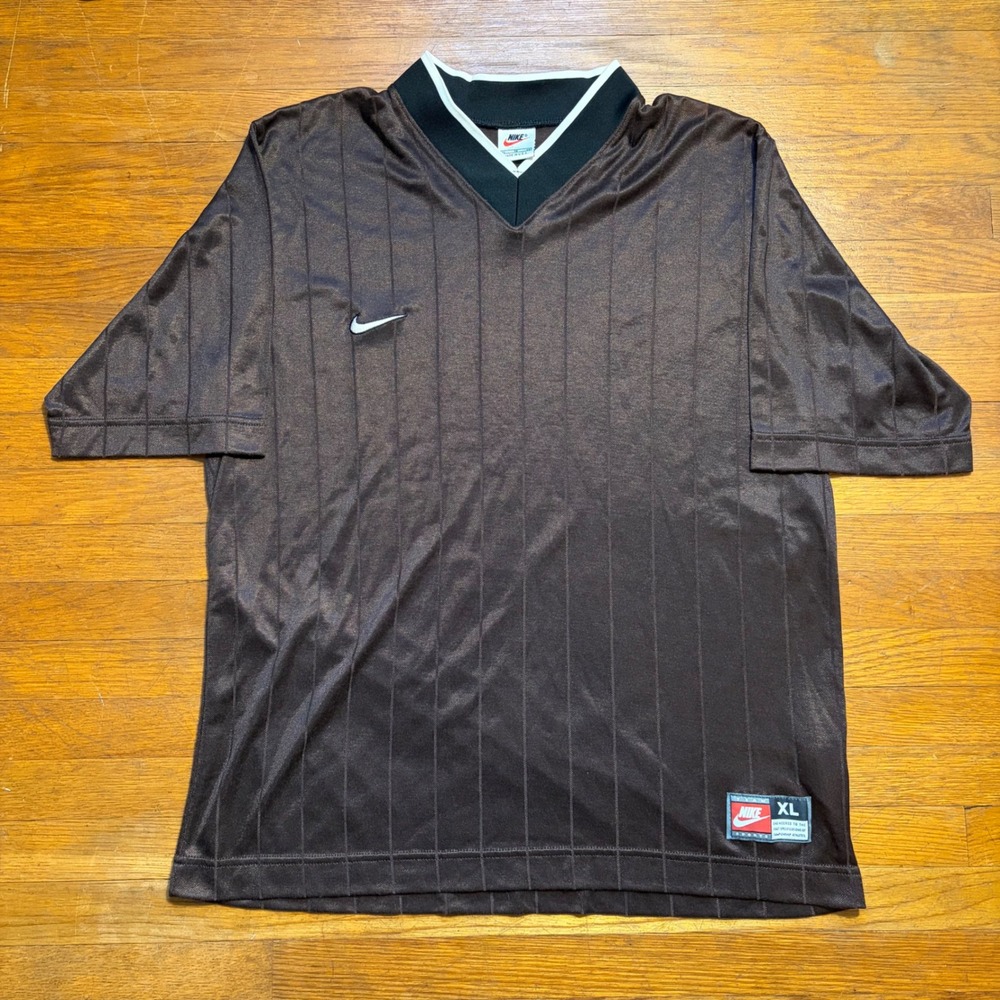 Vintage 90s Nike Soccer Jersey Brown Shadow Stripe Made in USA Men XL V-Neck